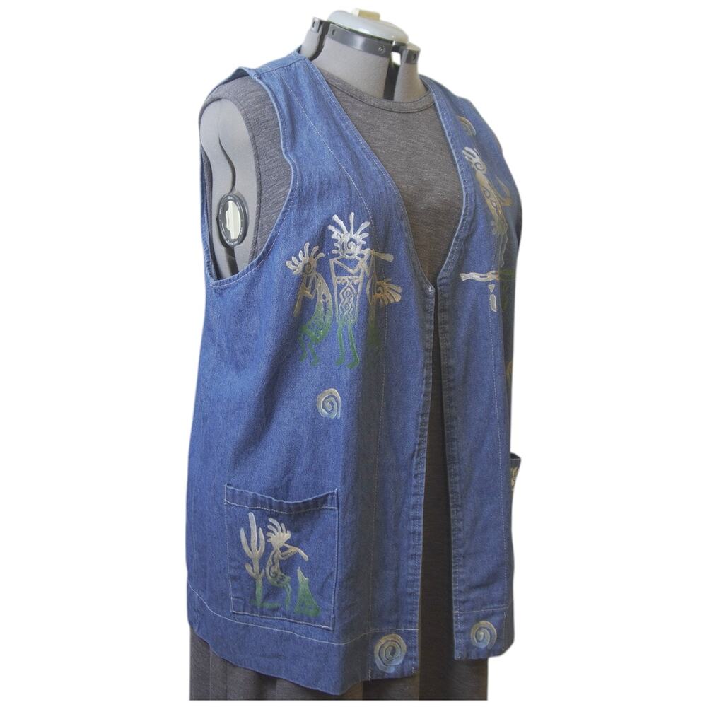 Vintage Cactus Denim Vest XL USA Kokopelli Southwest Painted Boho 90s